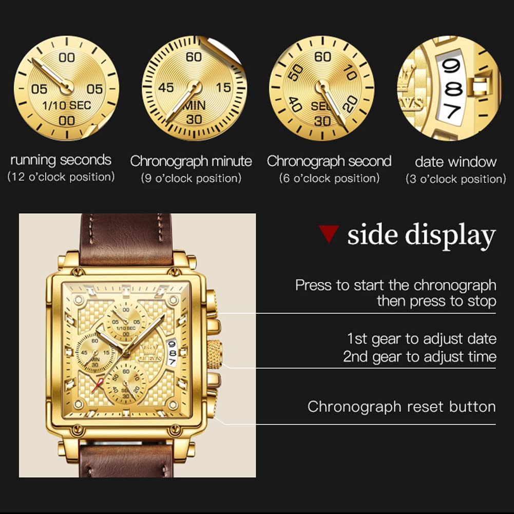 OLEVS Watches for Men Quartz Chronograph Leather Fashion Dress Watch Date Waterproof Luminous Casual Square Business Wrist Watches