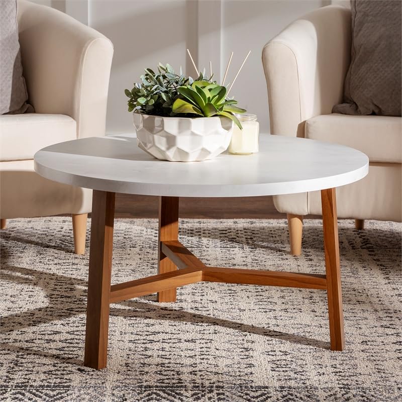 Walker Edison Mid Century Modern Round Coffee Table Living Room Accent Ottoman Storage Shelf, 30 Inch, Marble and Acorn
