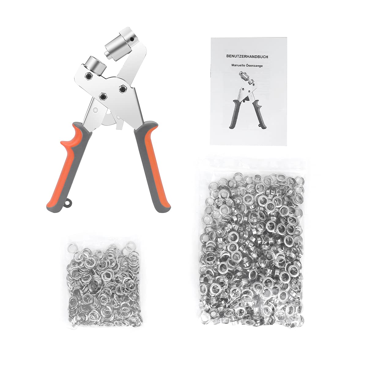 BriSunshine Set met 500 metalen ogen (binnendiameter 10 mm) metalen ogen, professionele handheld oogstansmachine voor lederen stof dekzeilen, gordijn, pvc