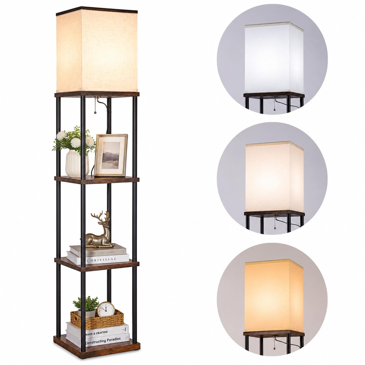 IPARTS EXPERT Stehlampe Holzregal E27 3 Farbtemp. Vintage | Moderne Leselampe mit Lampenschirm, ideal für Wohnzimmer, Schlafzimmer, Büro. Farbe: Braun.