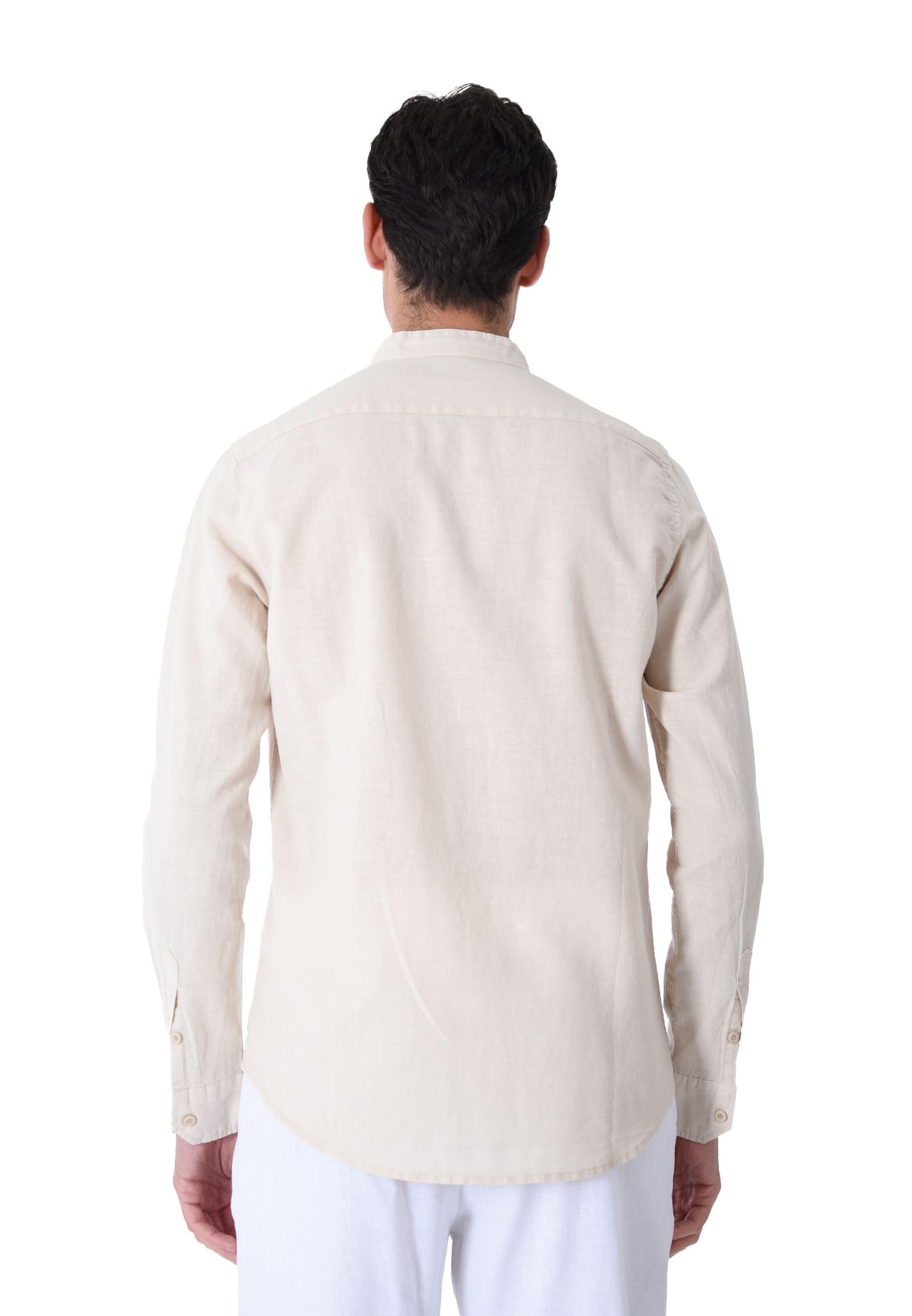 Camisa de hombre 100% lino cuello coreano blanco azul beige celeste negro rosa verde manga larga verano Slim Fit Serafino Sartorial Mangas revolables beige M