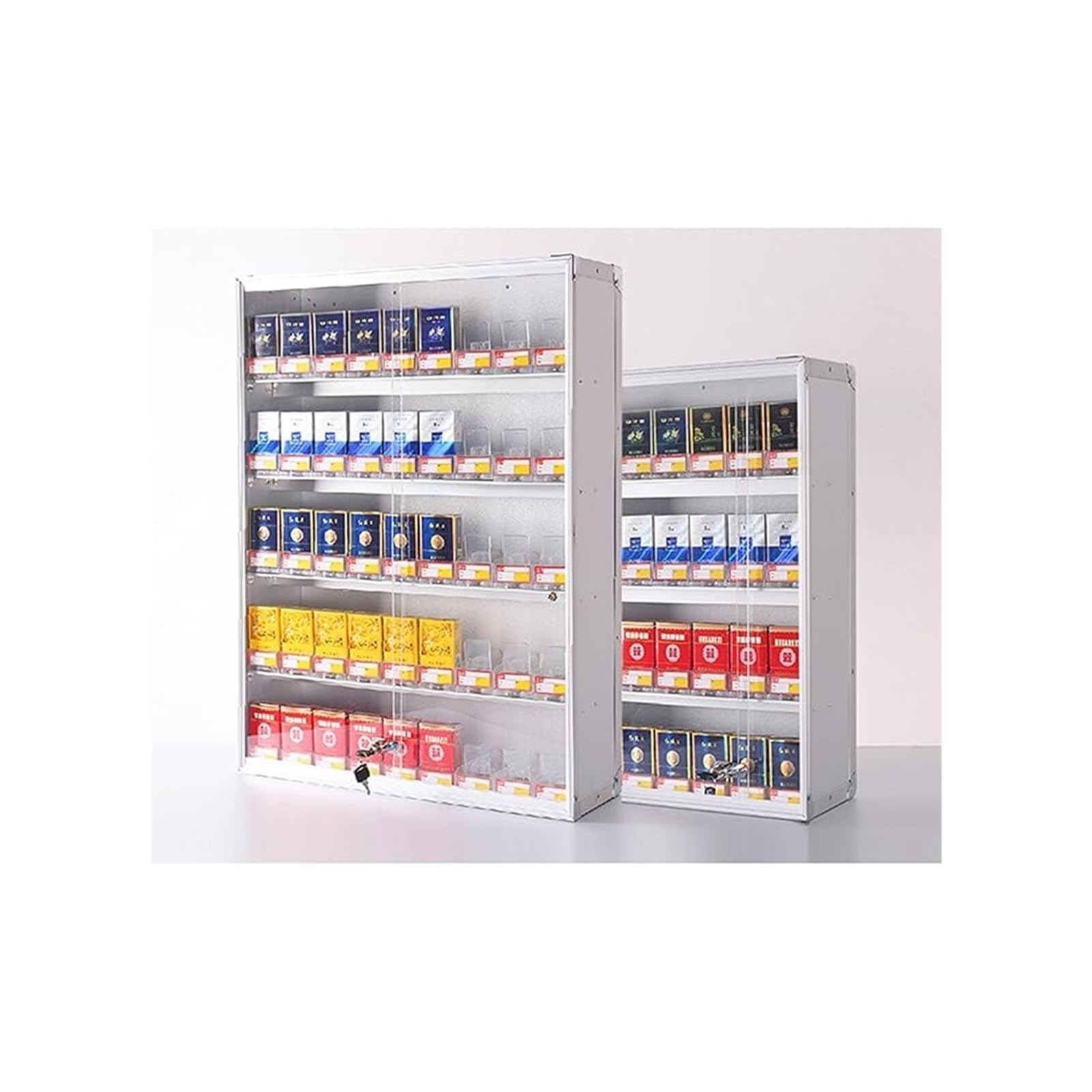 Multifunktionales automatisches Zigarettenschieberregal für Marktgeschäft, Einzelhandel, Zigarettenvitrinen-Präsentationsständer mit Schloss, Ablagen, Acryl, automatischer Zigarettenschieber, Silber