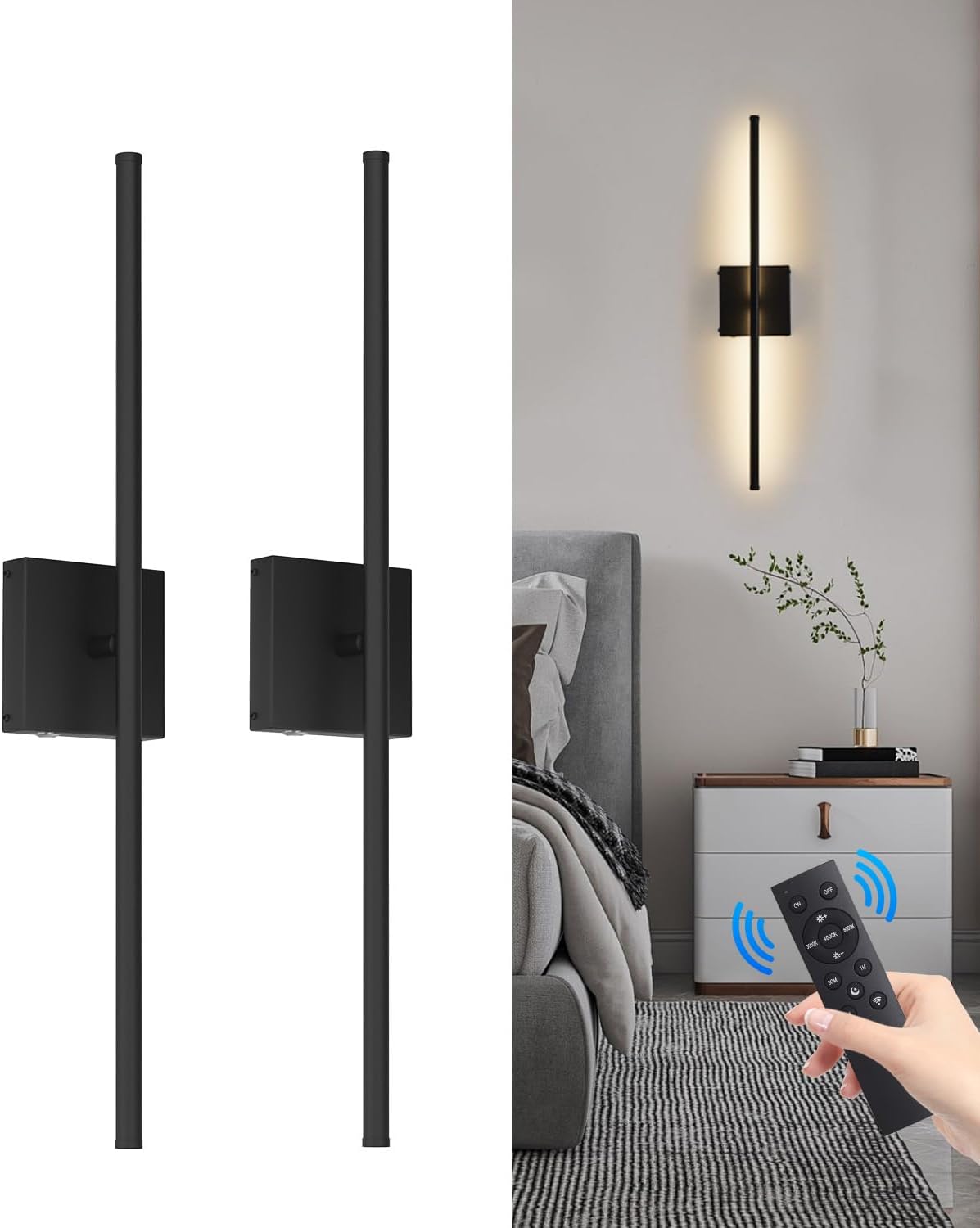 Battery Operated Wall Sconces Set of 2, Dimmable Battery Wall Sconce with Remote Control,3000K-6500K LED Wireless Wall Light for Bedroom,Living Room, 26.6 Inch, Black(2 Pack)