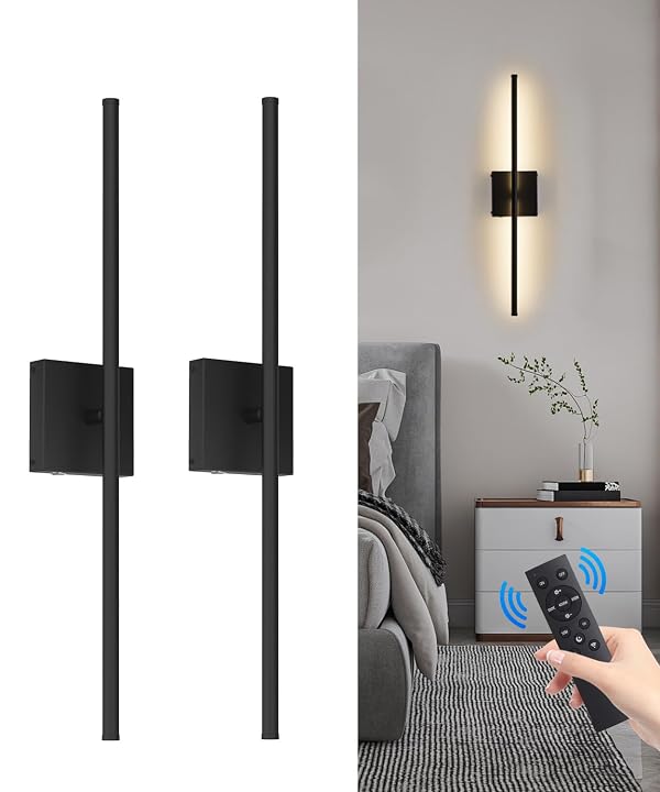 CASGAL Battery Operated Wall Sconce Set of 2, Dimmable Battery Wall Sconce with Remote Control,3000K-6500K LED Wireless Wall Light for Bedroom,Living Room, 26.6 Inch, Black(2 Pack) by CASGAL - Used condition - US$75.22