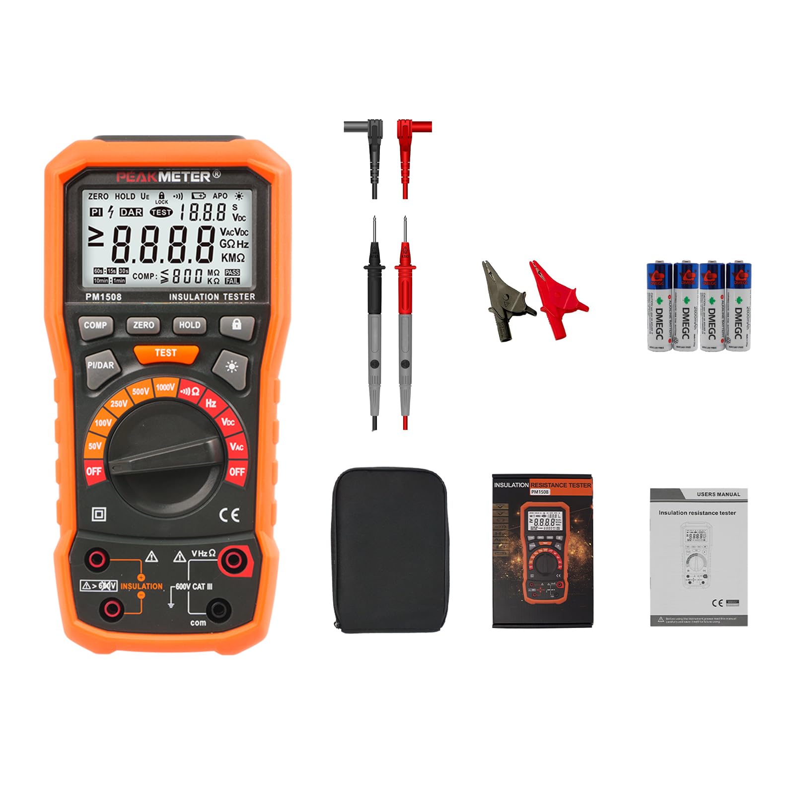 Testeur de résistance d'isolation megohmmètre numérique 1000v AC/DC appareils électriques et résistance d'isolation jusqu'à 100gΩ PI/DAR, test de fréquence et de basse tension