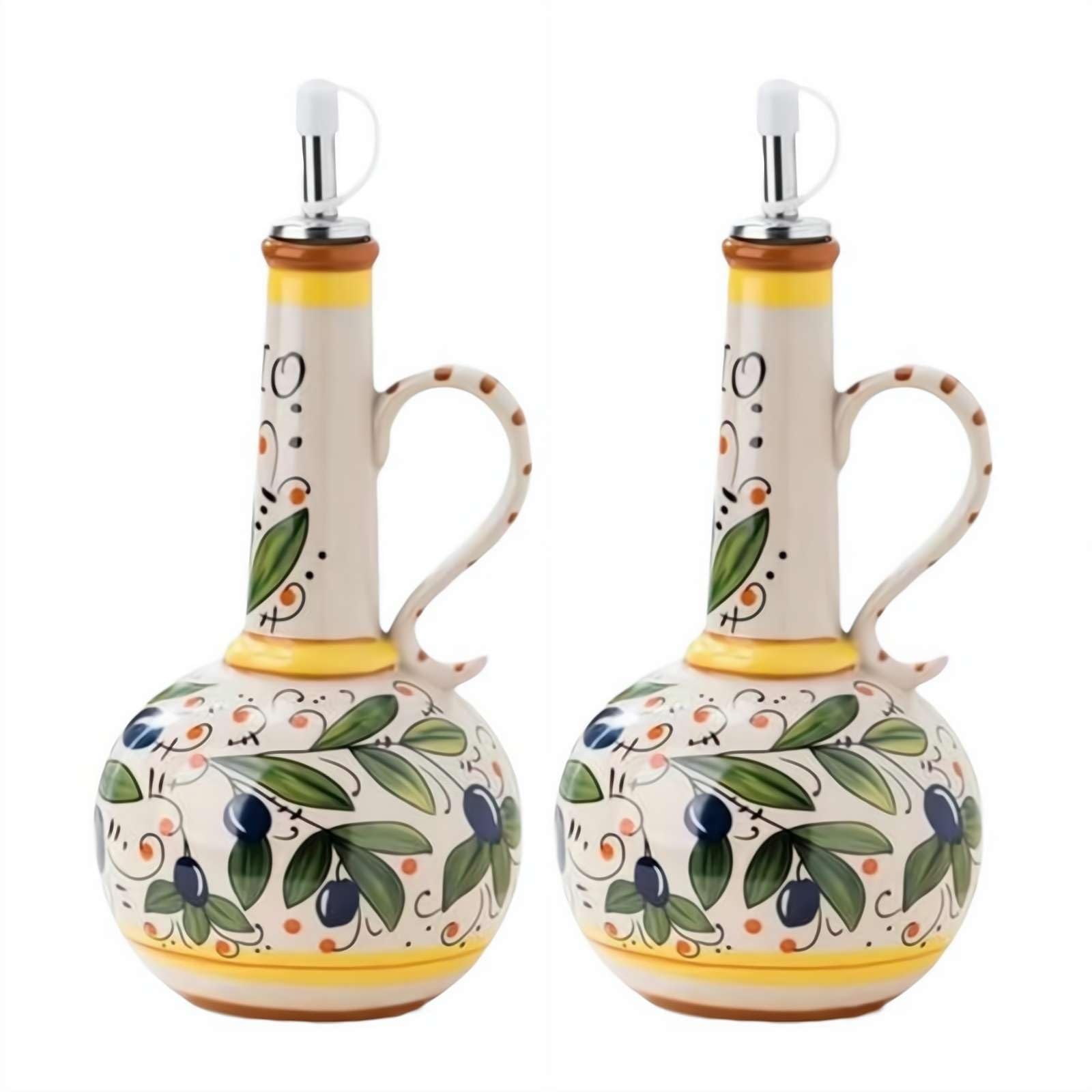Botella dispensadora de aceite de oliva de cerámica italiana, vinagre de gres pintado a mano con boquilla de acero inoxidable para aceites de cocina, vinagre y salsas, capacidad de 23 onzas