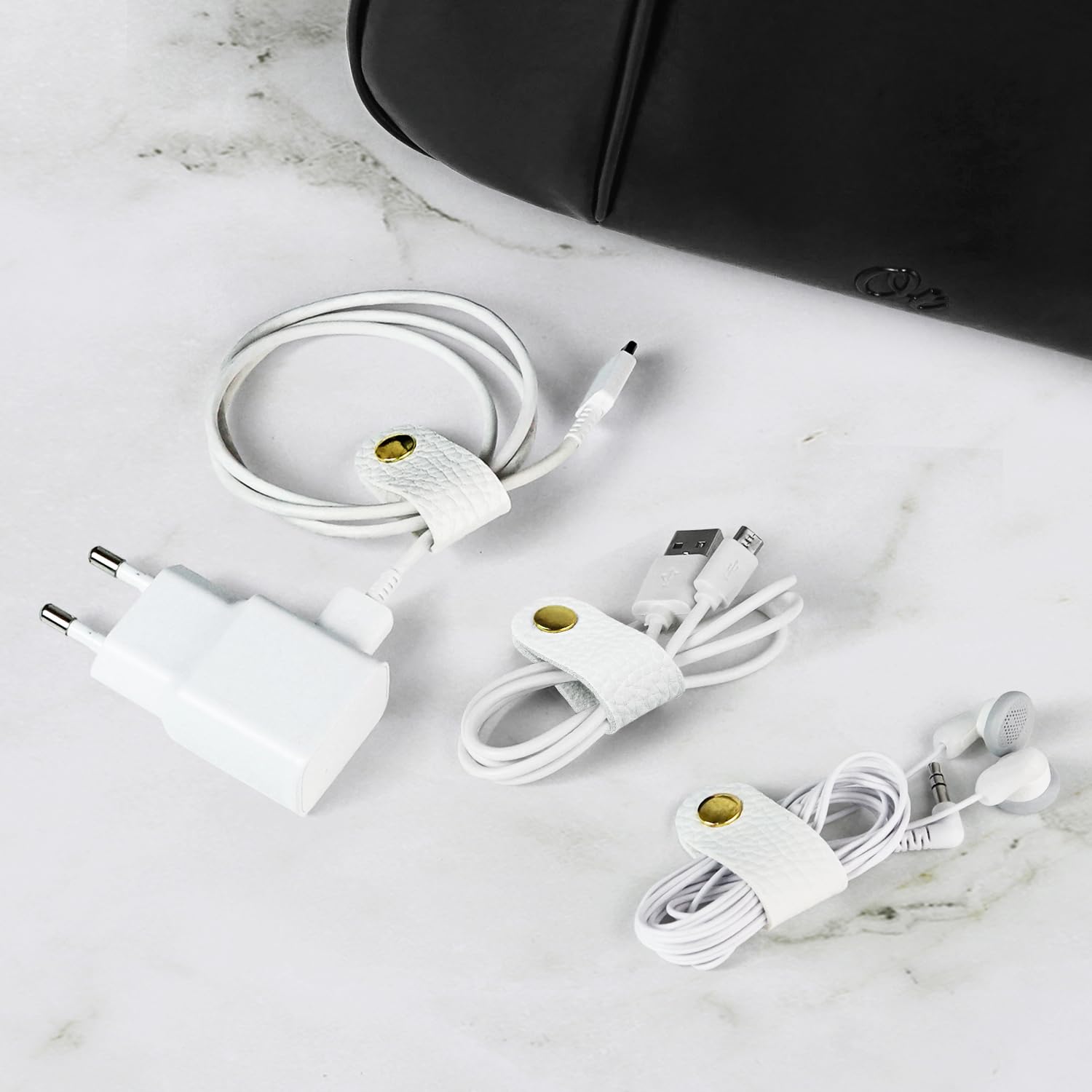 Carrotez Leather Cord Organizer, Cable Organizer for Travel, Cord Keeper, Cable Ties, Cable Straps, Cord Wraps for Charging Cords - 3 pcs (White)