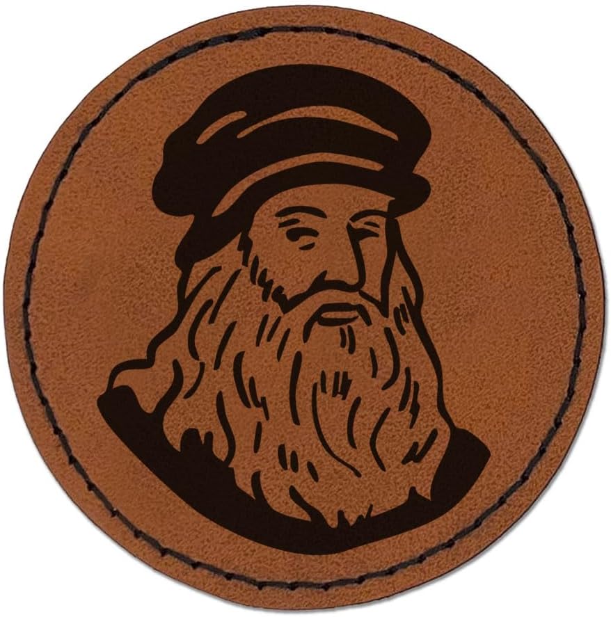 Leonardo Da Vinci Italian Historical Figure Round Iron-On Engraved Faux Leather Patch Applique - 2.5 Inch - Brown