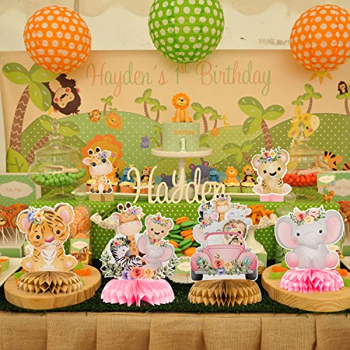 12Pcs Floral Safari Animals Party Honeycomb Centerpieces, Pink Jungle Animals Baby Shower Party Decorations Wild Animal Theme Party Table Toppers Decor For Girls Wild One Birthday Party Photo Props #TOP4