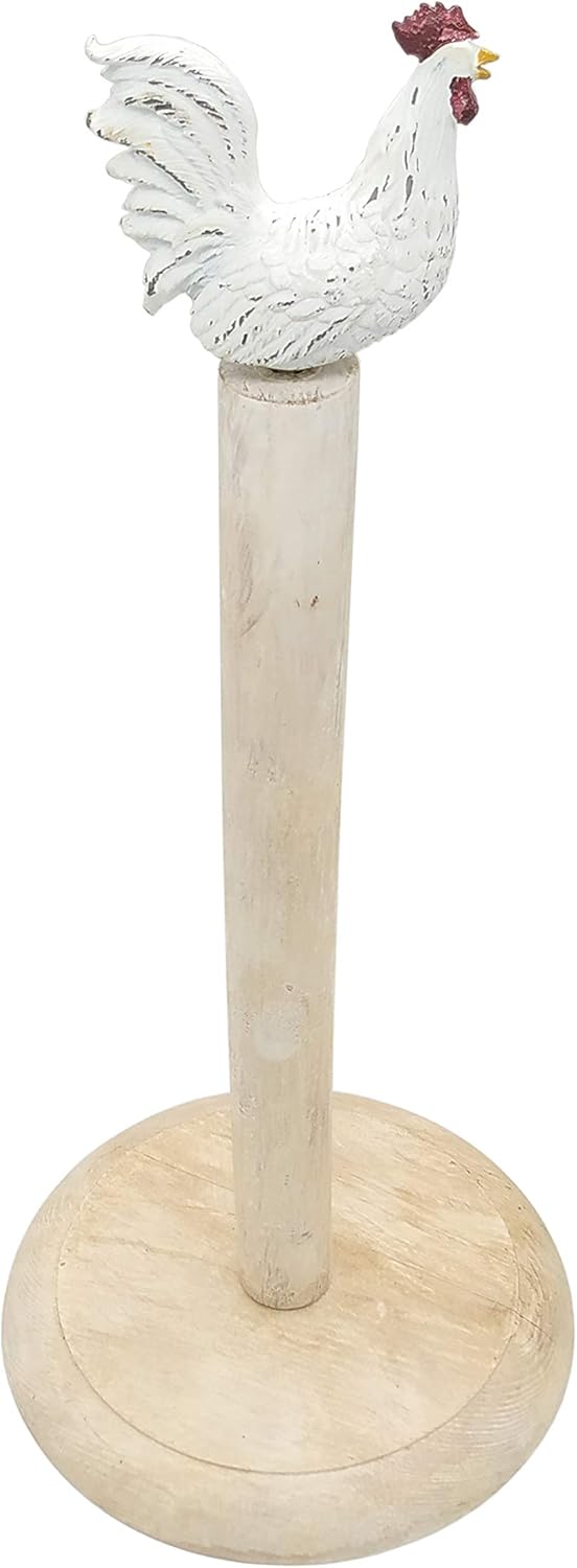 Rooster Design Wood Shabby Whitewashed Paper Towel Holder Stand Up Paper Towel Holder, Easy One-Handed Tear Kitchen Paper Towel Dispenser with Weighted Base for Standard Paper Towel Rolls