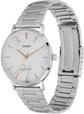 Casio MTP-VT01DM-7A Men's Stainless Steel Minimalistic White Marbled Dial 3-Hand Analog Watch