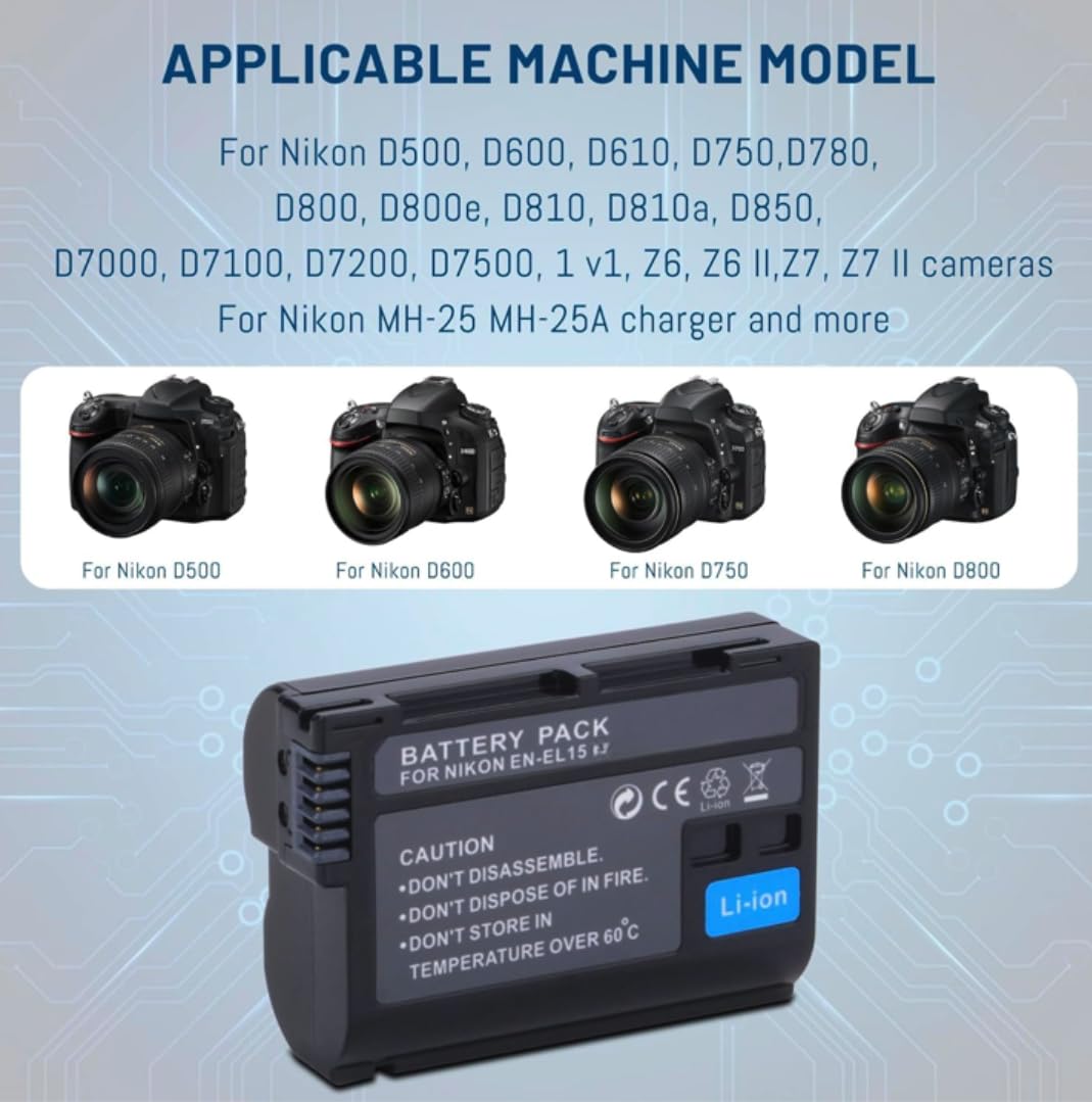 Battery for Nikon 1 V1 - D500, D600, D610, D750, D780, D800, D800E