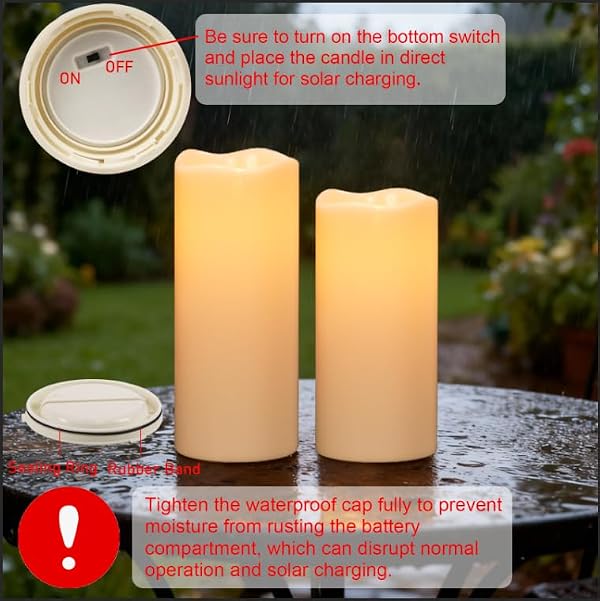 KunSwenn Solar Candles Outdoor Waterproof, Outdoor Candles with Sensor Timer Waterproof Flameless Candles, Solar Rechargeable, Dusk to Dawn for Lanterns, Patio, Porch Decor (4"x8" & 4"x10" Set of 2) by KunSwenn - Used condition - Image 7