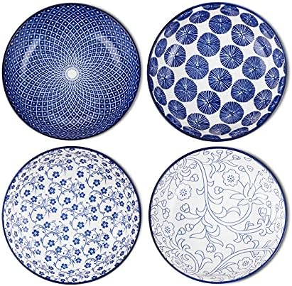 Selamica Porcelain 40oz Large Serving Bowls 9 inch Big Pasta Bowls Set of 4 for Eating, Microwave and Oven Safe, Vintage Blue