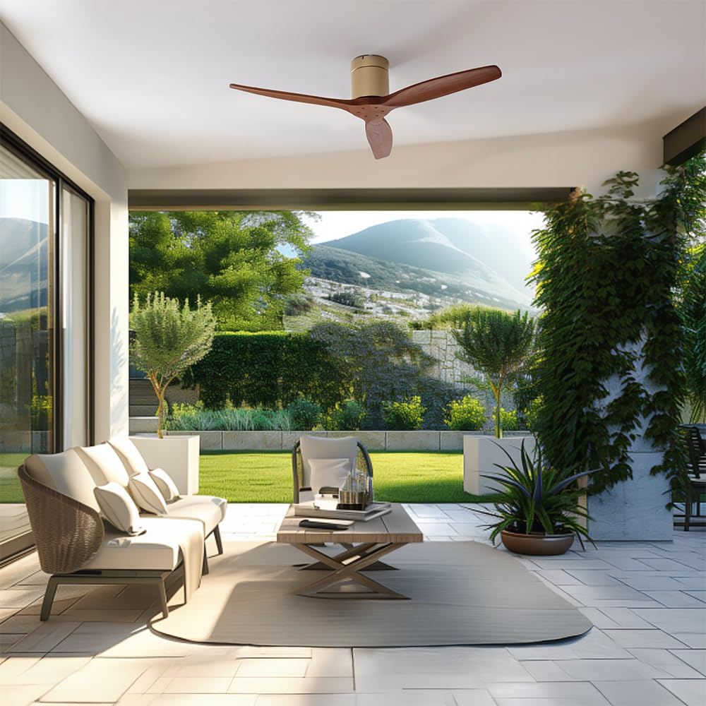 Cecotec Ventilador de Techo EnergySilence Aero 5500 Aqua GoldDarkWood Connected, Motor DC 40W, Diámetro 132 cm, Bajo consumo, Wifi, Mando, Exteriores, Temporizador, Verano e invierno, Silencioso