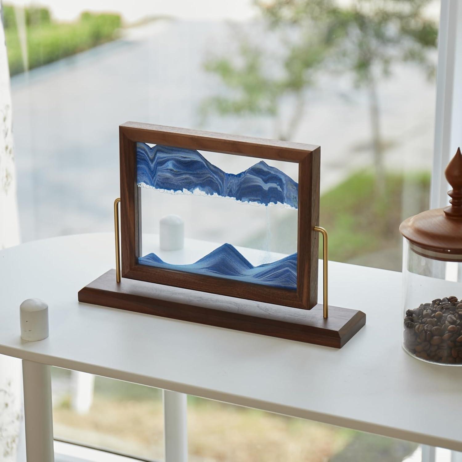 Solid Wood Oasis Mini Art Liquid Motion 360-Degree Rotation, Made of Black Walnut and H62 Brass, 3D Highly Transparent Office Decor (Ocean)