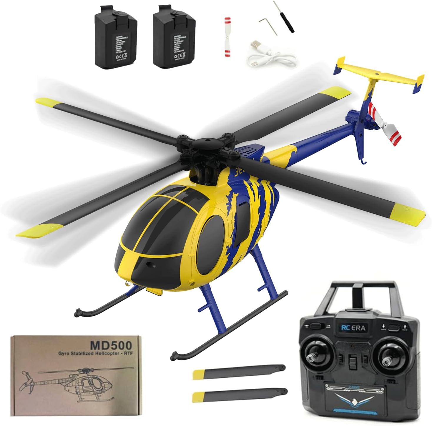 RC ERA C184 MD500 RC Helicopter for Adults, 2.4G 4CH 6-Axis Gyroscope Stabilized Helicopter, RTF Remote Control Electric Aircraft with Optical Flow for Beginners - 2PCS Battery
