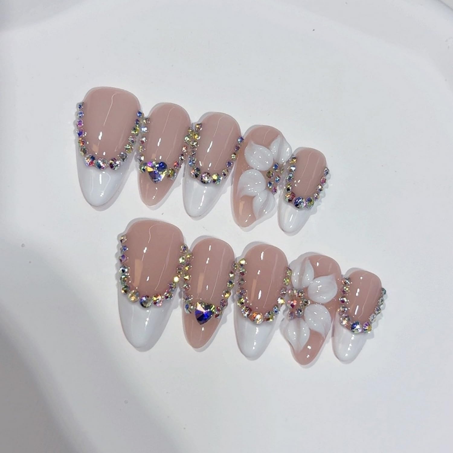 Handmade Press on Nails Almond Medium Shaped Fake Nails Luxury 3D Rhinestone Flower Hand Made Nails with Designs Muti-Layer Gel Thicked Acrylic Nails for Women (Size M)