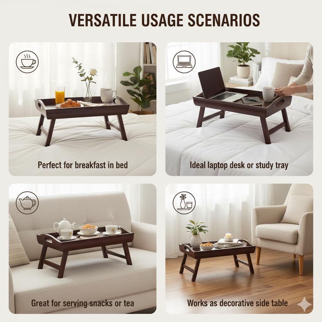 Yardlio Antique Walnut Bed Tray: Foldable Legs, Large Handles, Perfect for Breakfast in Bed