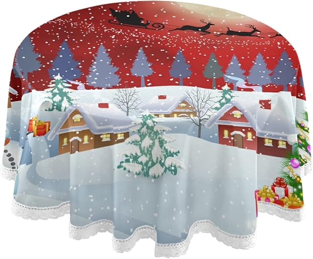 Mnsruu Christmas Tree Round Tablecloths, Circular Table Cover Washable Polyester for Buffet Table, Parties, Holiday Dinner, Multicolored, one size