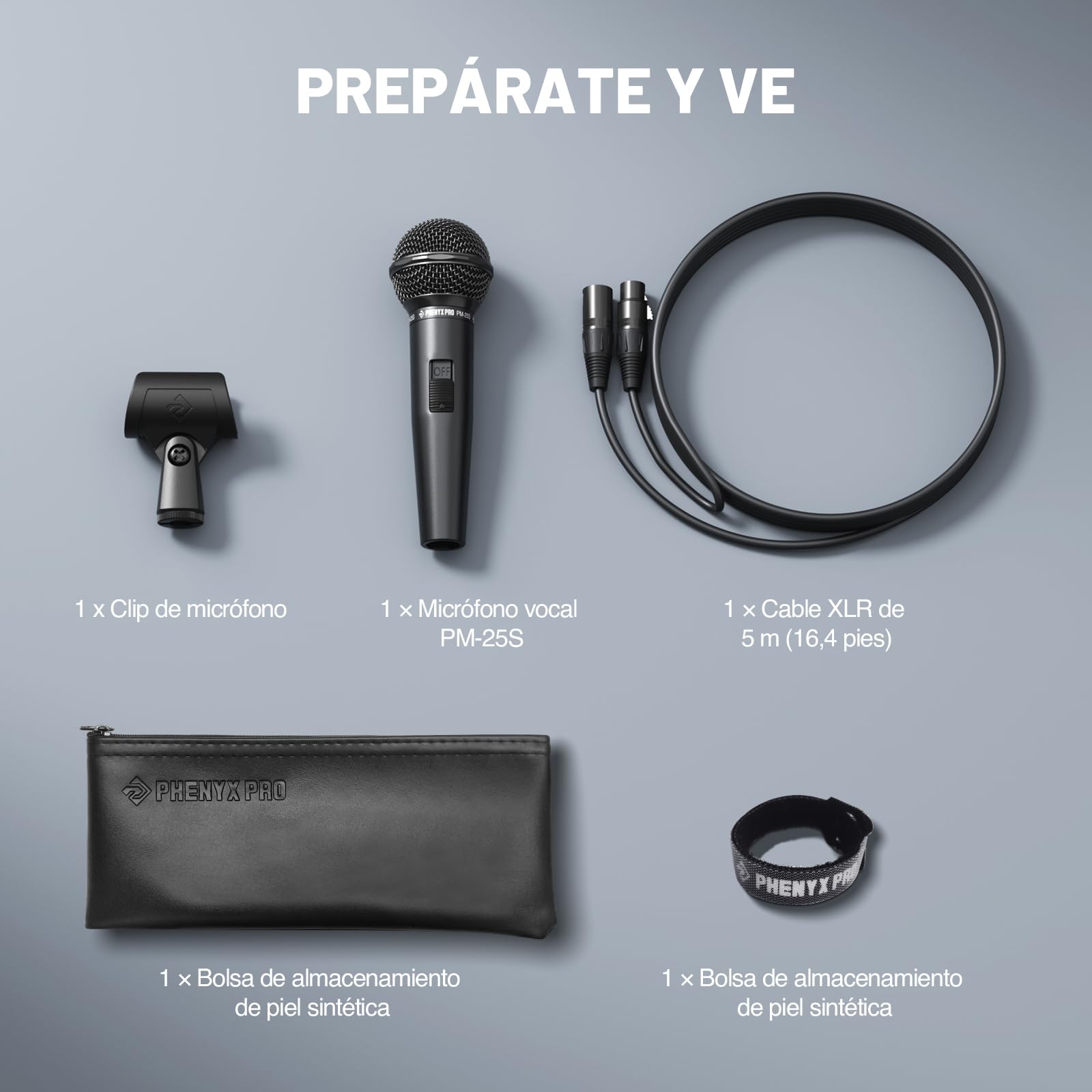 Phenyx Pro Micrófono Vocal Dinámico Cardioide XLR ON/Off PM-25S | Patrón cardioide, mic dinámico, cable XLR 5 m, interruptor on/off, clip, bolsa, canto, escenario, estudio