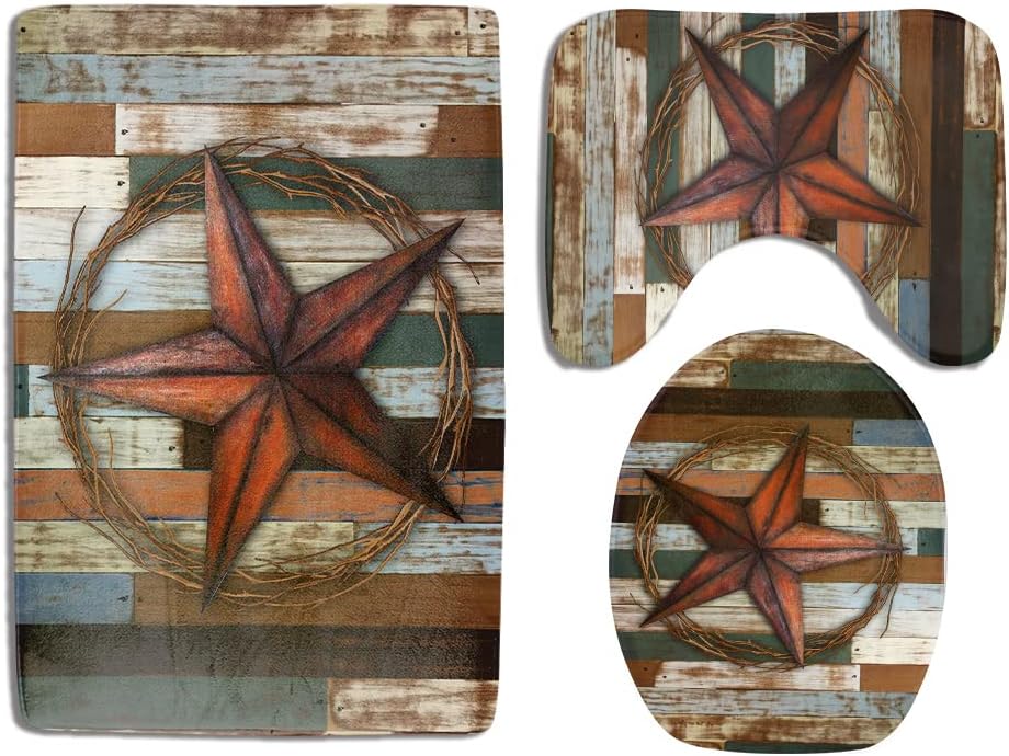 Rustic Barn Star Bathroom Rugs - Retro Western Texas Star on Wooden Bath Rug Set Non Slip Flannel Contour Rugs Absorbent Shower Carpet and U-Shaped Toilet Floor Rug (3 Pieces)