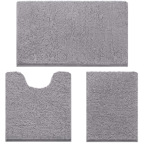 HOMEIDEAS 3 Pieces Bathroom Rugs, Ultra Soft Non Slip Absorbent Chenille Toilet Bath Mat Set (Grey,17″x24″+20″x32″+U Shape 20″x24″)
