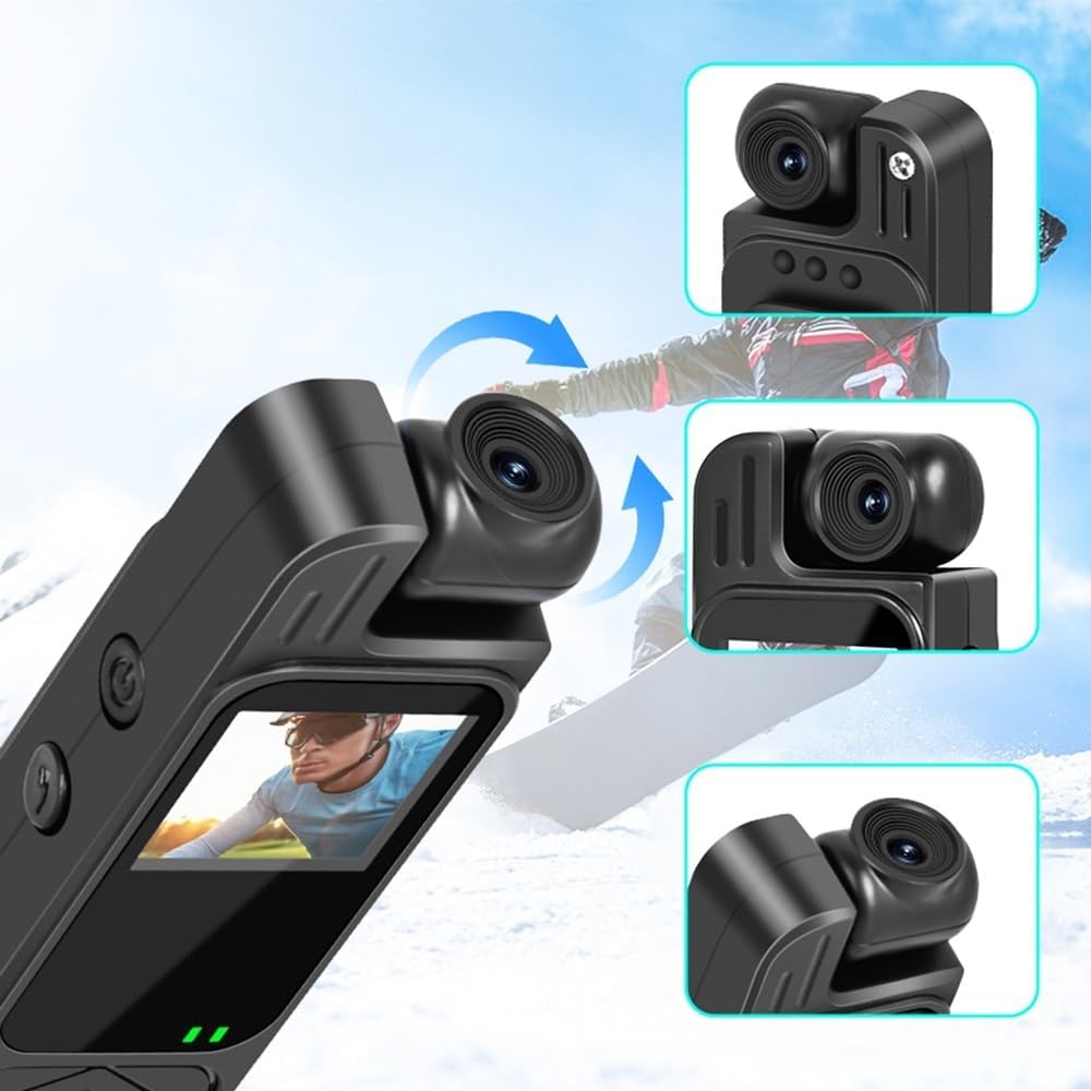 Generic Y9 Mini Body Camera showing its 180-degree rotating lens feature, with arrows indicating rotation and close-ups of the lens in different orientations.