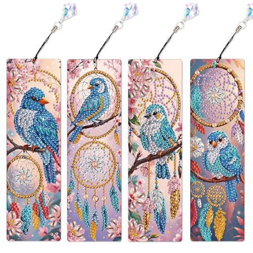 Image of 4 Pcs DIY 5D Diamond Painting Bookmark Kits for Adults, Acrylic Crystal Rhinestones Book Marks, Dreamcatcher Bluebird Diamond Art Bookmarks with Crystal Pendant, Handmade Tassel Bookmarks Gift Set