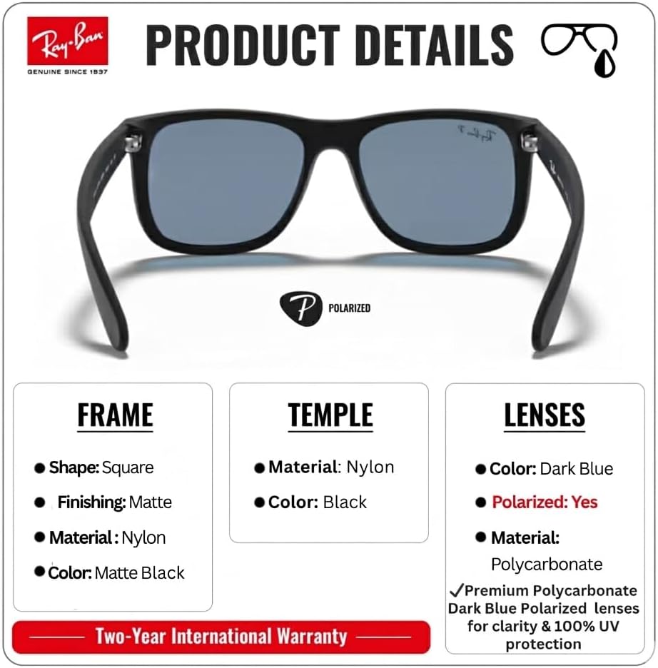 Ray-Ban RB4165 JUSTIN CLASSIC Square Shaped Sunglasses for Men & Women with Official RAYBAN Eyewear Kit