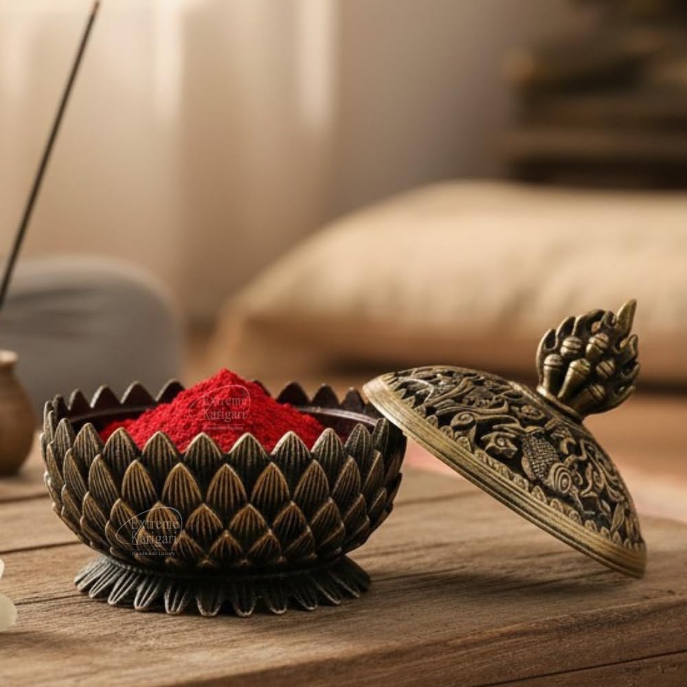 Brass Lotus Kumkum Box with Dragon Lid | Handmade Sindoor Dabbi | Antique Gold Finish Kumkum Holder | Puja Thali Décor | Traditional Kumkum Dani for Home Mandir & Gifting (1 Pc)-image-14