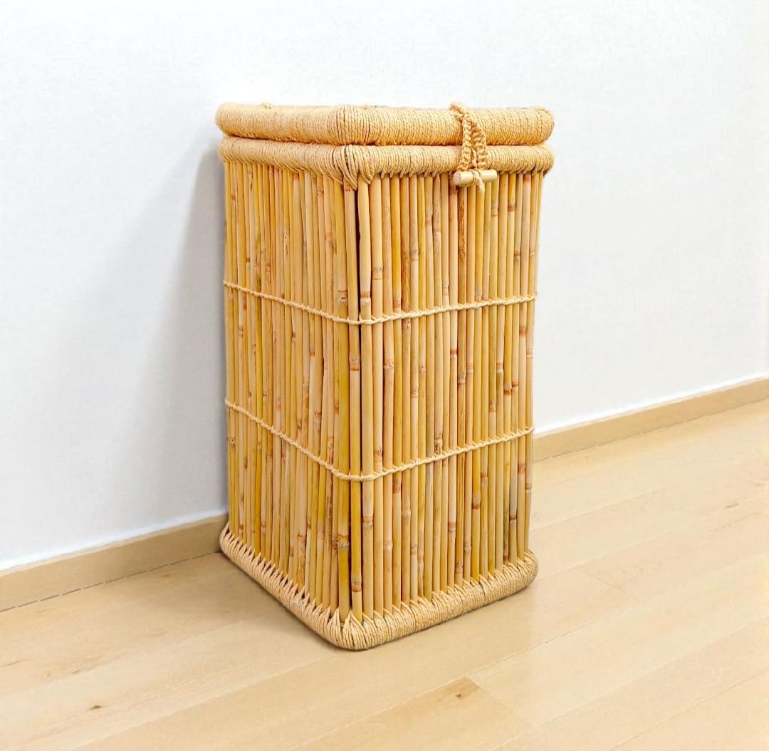 SHIZA Handmade Bamboo Laundry Basket For Clothes With Lid | Toys Storage Box For Kids Play Room | Clothes Storage Organizer | Wooden Large Picnic Box With Sitting Space (Eco-Friendly)