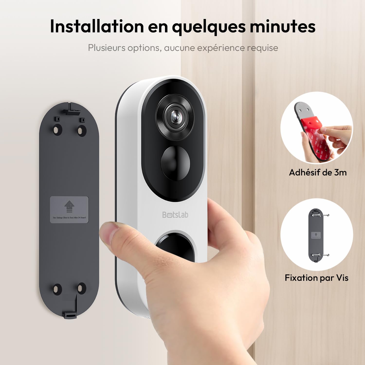 BOTSLAB Sonnette vidéo sans Fil avec caméra Exterieur 2K 3MP, IP66 étanche | Ultra Grand Angle 180°, Nocturne en Couleur, AI Gratuite, Audio Bidirectionnel, Wi-FI 2,4G, Installation Facile