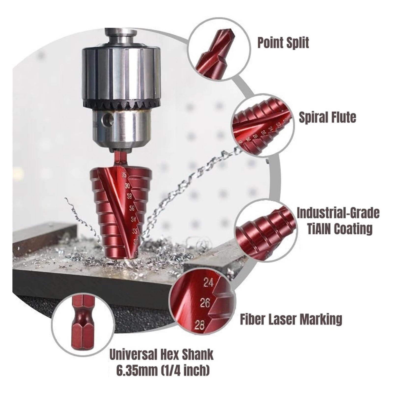 Juego de brocas escalonadas con flauta espiral titanio cobalto M35 | Herramienta de perforación de metal multiusos con vástago hexagonal de 4-32 mm
