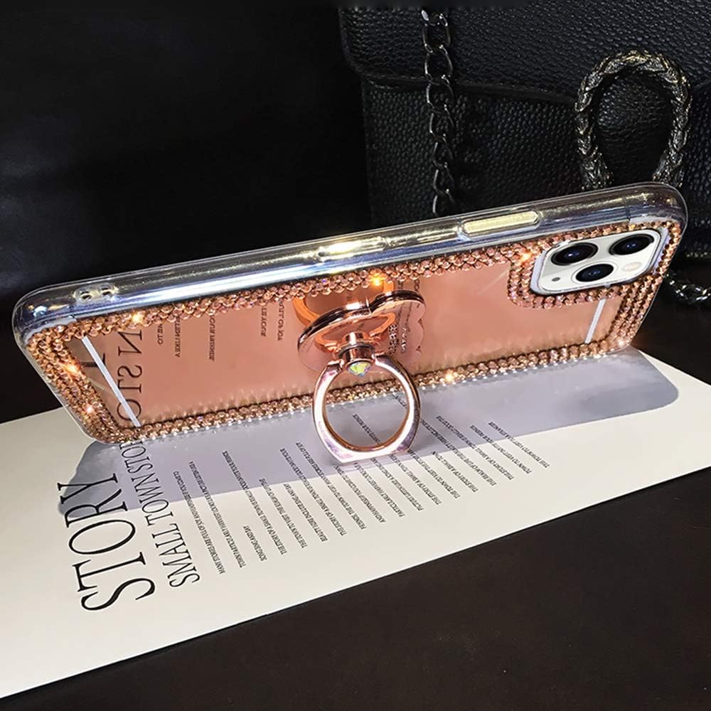LUVI for iPhone 11 Pro Max Case Makeup Mirror Glitter Bling Rhinestone Diamond Crystal Cute Cover with Ring Holder Finger Grip Stand Kickstand Cute for Girls Women Case for iPhone 11 Pro Max Rose Gold