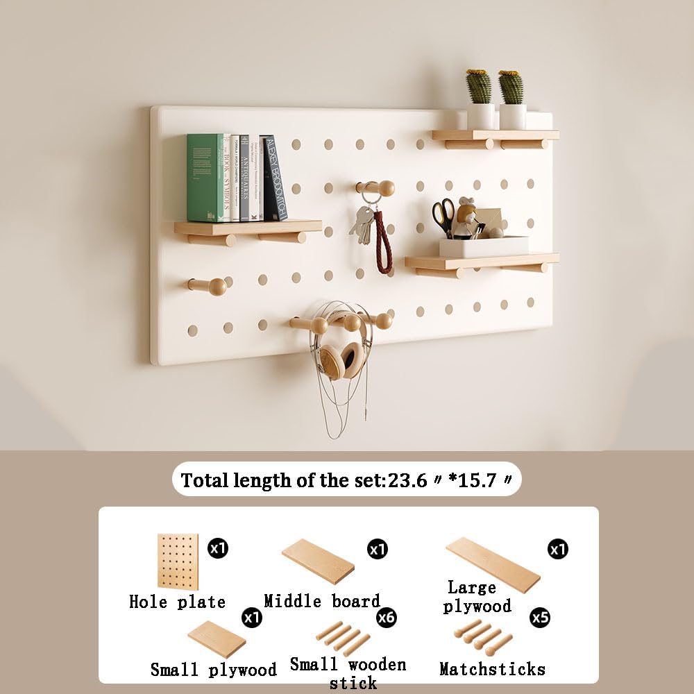 Wooden Pegboard Desk Organizer with Hanging Function, DIY Storage & Display Panel for Bedroom, Garage, Living Room, Office - 23.6" x 15.7", Warm White