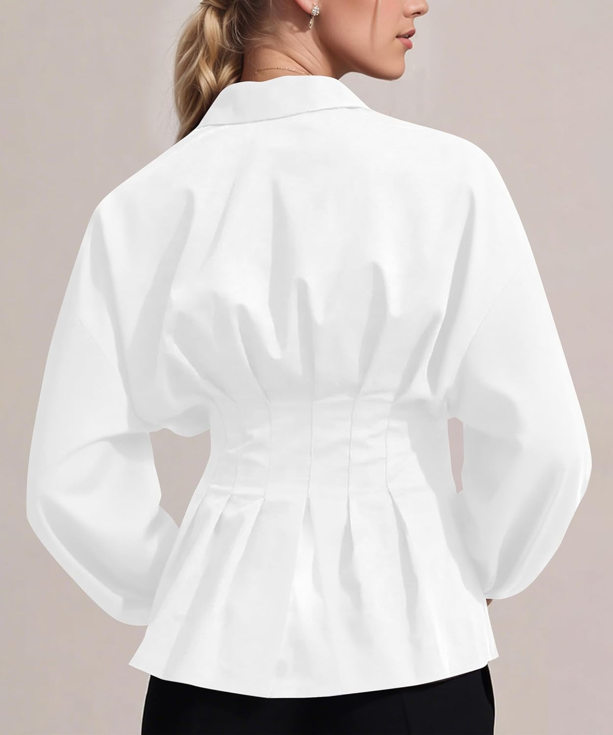 MISSACTIVER Women Button Down Pleated Blouse Shirts Stand Collar Long Sleeve Buckle Peplum Tunic Tops - Image 3