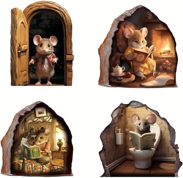 4PCS 3D Mouse Hole Wall Stickers, Fun Animal Wall Decals for Skirting Board, Peel and Stick Wall Art for Hallway, Living Room, Bedroom and Nursery Decoration