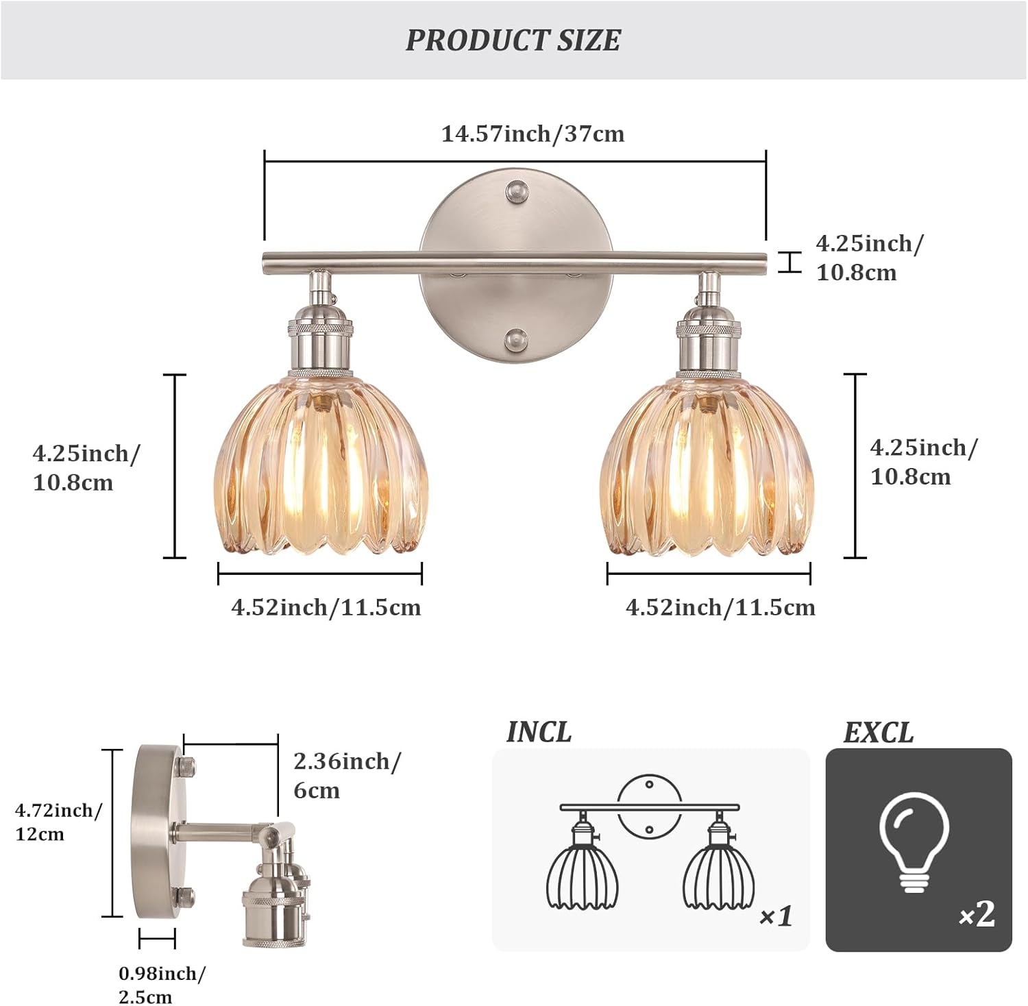 Shenmoyl Bathroom Light Fixtures, 2-Light Vanity wall Light Over Mirror with Amber Tulip Glass Shade for Bedroom Living Room (Bulb Not Included), Satin Nickel