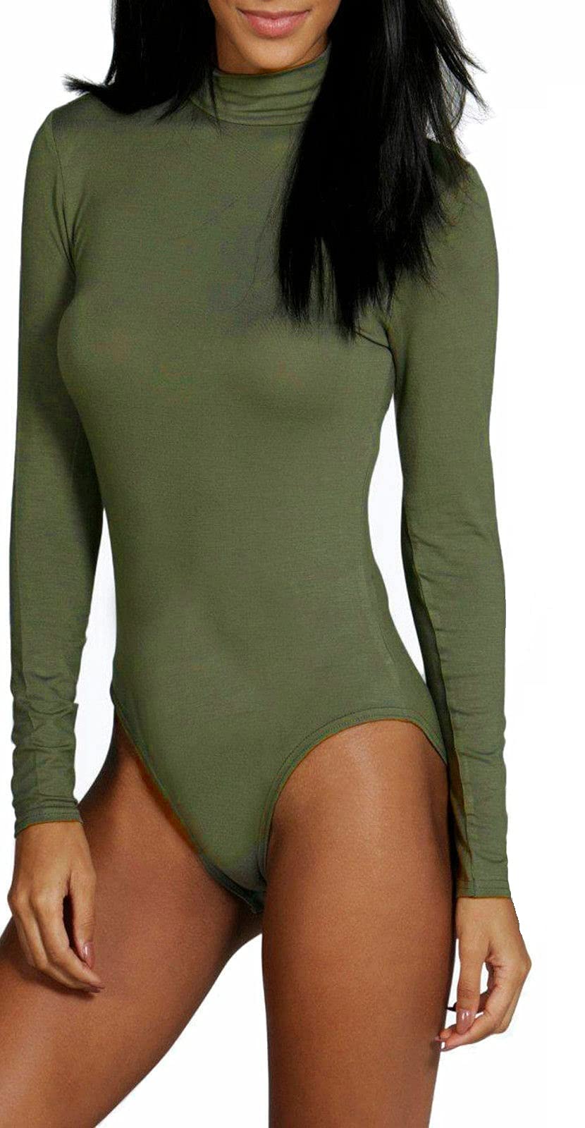NAZ Fashion Womens Ladies Long Sleeve Polo Turtle Neck Plain Stretch Bodysuit UK 8-26 Khaki