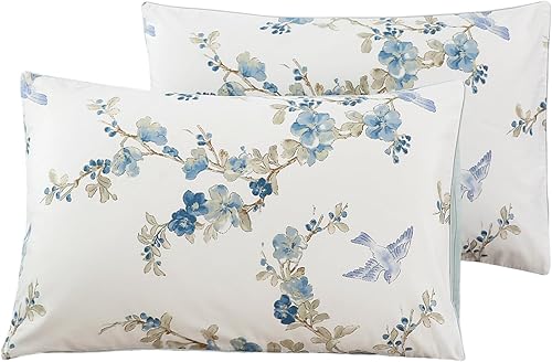 WINLIFE Juego de 2 fundas de almohada 100 % algodón, tamaño estándar, estampado de flores azules y pájaros, cierre de sobre, súper suave (estándar,