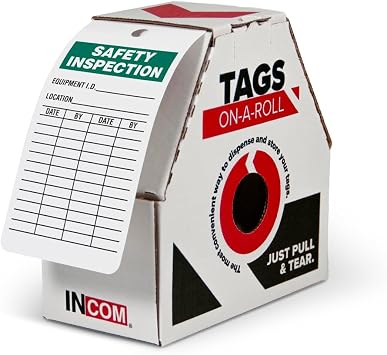 INCOM Manufacturing Inspection Tags On A Roll, Safety Inspection, Heavy-Duty DuraPlyTM Stock, Waterproof and Tear-Resistant, Green On White, 6.25 Inch X 3 Inch X 10 Mil Thickness, 100 Pack, RT8004C