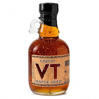 Woods Liquid Maple Gold Vermont Maple Syrup with Real 24K Gold Flakes Vegan, Plant-Based Sweetener Small Batch, Artisanal, Luxury Syrup for Gifting, Cocktails, and Gourmet Cuisine 8.45 oz Glass Bottle