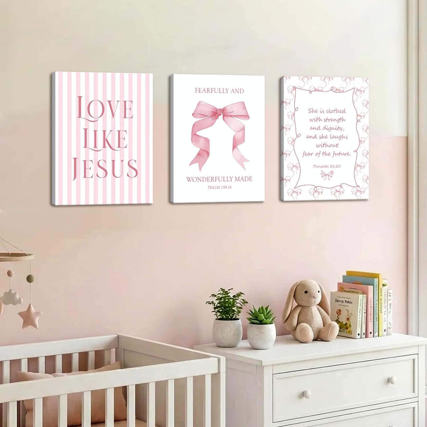 Coquette Pink Bow Wall Art Set of 3, Light Pink Christian Wall Decor Pictures, Jesus Verses Bible Canvas Posters Paintings Preppy Prints for Teen Girls Dorm Bedroom Bathroom 16x24 Inch Framed