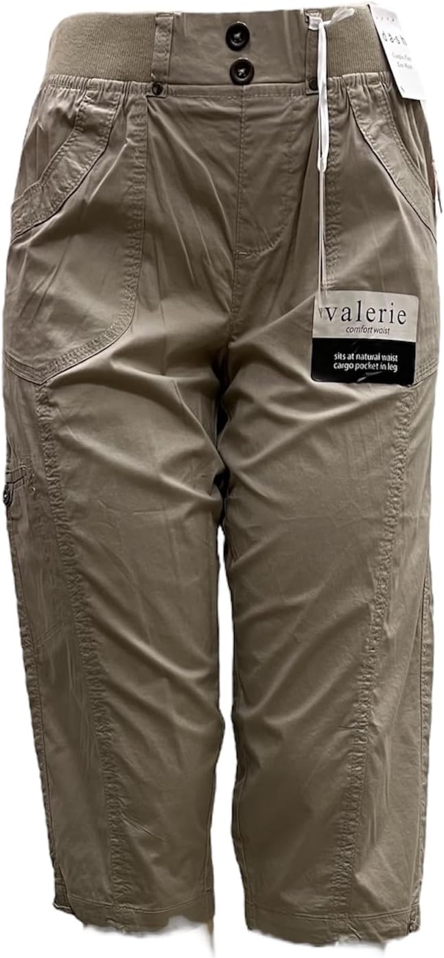 Dash Womens Cotton Pull on Elastic Waist Front and Back Pockets Capri with Belt Loops and Cargo Pocket on Leg