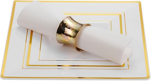 Miniatura 7 de BloominGoods 100 platos cuadrados desechables de plástico blanco, paquete de 100 platos cuadrados de plástico de 6.5 y 10 pulgadas con borde dorado