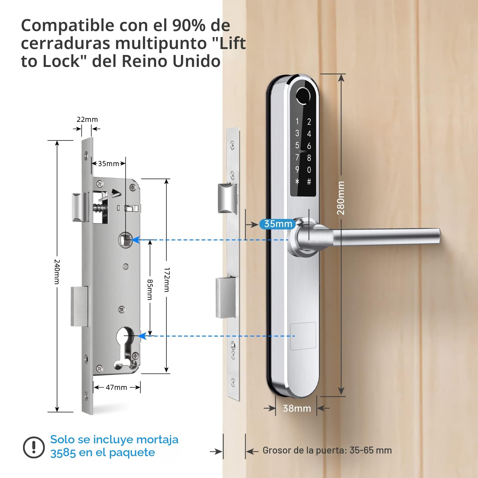 Ruveno Cerradura de puerta inteligente delgada con huella dactilar Bluetooth con pantalla táctil, teclado con huella dactilar Llaves de tarjeta de desbloqueo para puerta batiente de aluminio(plata)