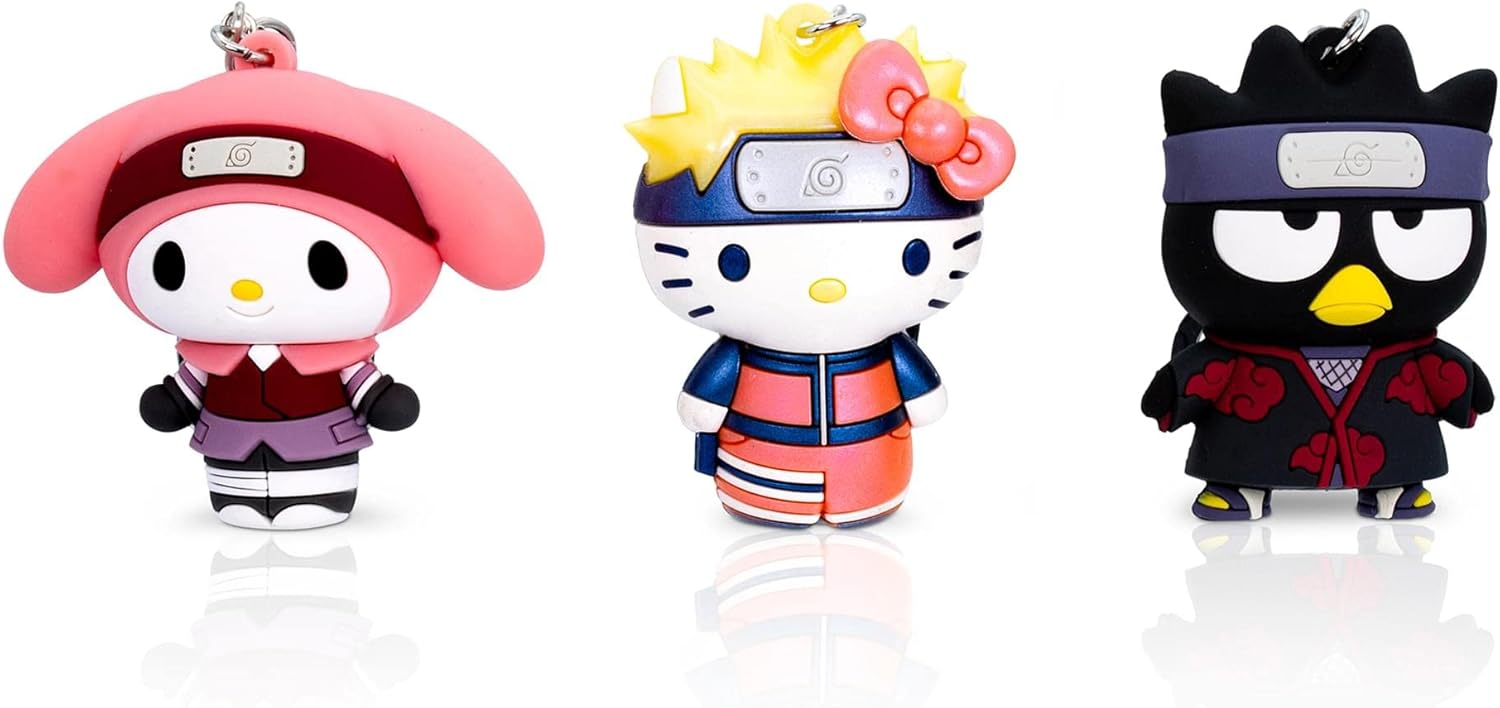 Hello Kitty and Friends x Naruto Shippuden 3D Foam Figural Bag Clip 3-Piece Keychain Set | Multi-Color Brooch Accessories, Charms For Backpack, Purse | Cute Anime Manga Gifts