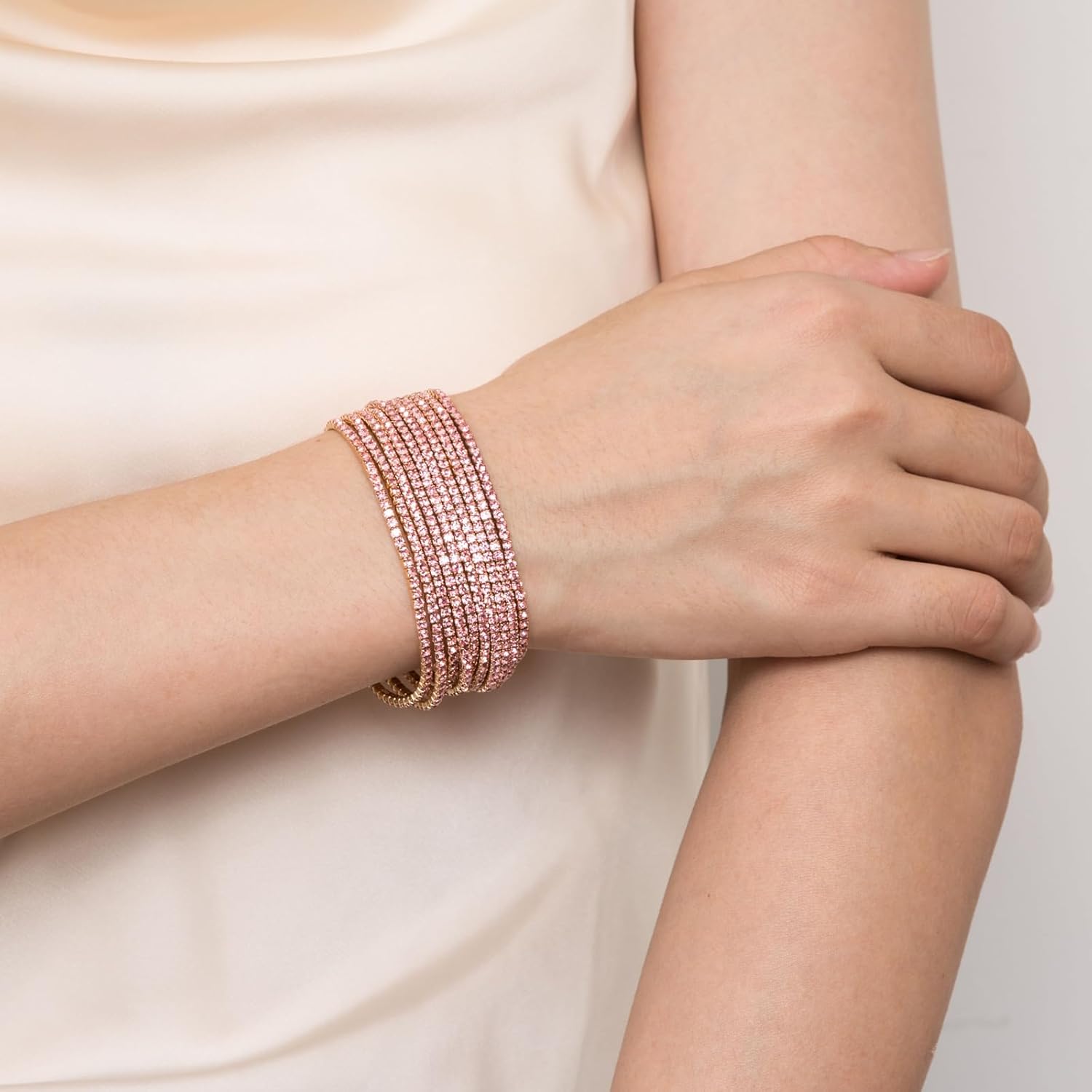 HZMAN 10 Pcs Tennis Bracelets Set for Women 14K Gold Plated Dainty Cubic Zirconia Adjustable Stackable Stretch Bracelet Wedding Party Jewelry Gift - Image 2