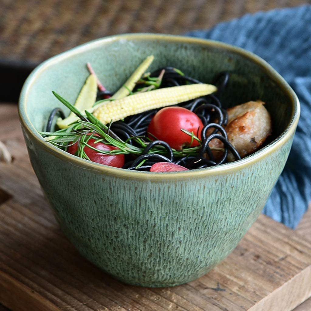 ERoomQ Pasta Bowls Ceramic Tableware Peacock Pattern Fruit Salad Bowl Irregular Large Soup Bowl Instant Noodle Bowl underglaze Salad Bowls,